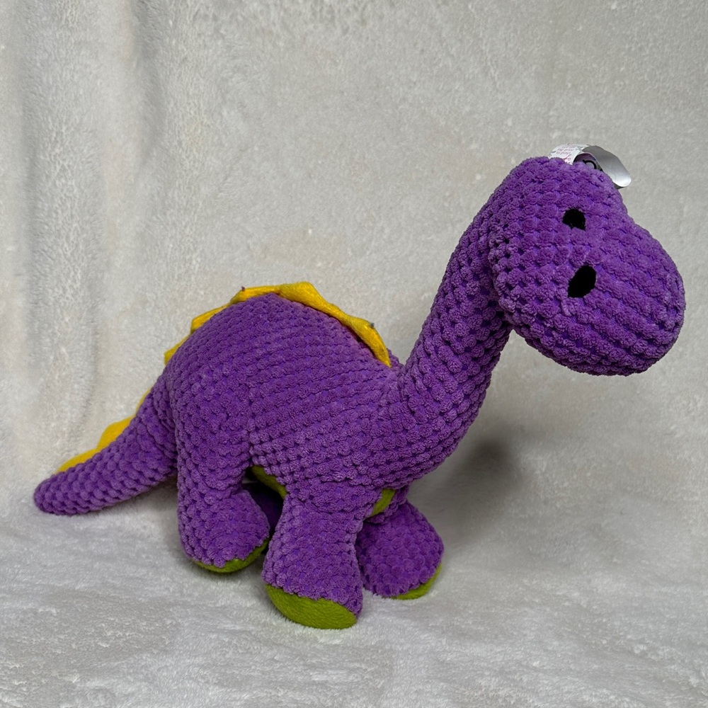 GoDog Bruto Purple Dinosaur Plush Dog Toy Silent Squeaker Chew Guard
